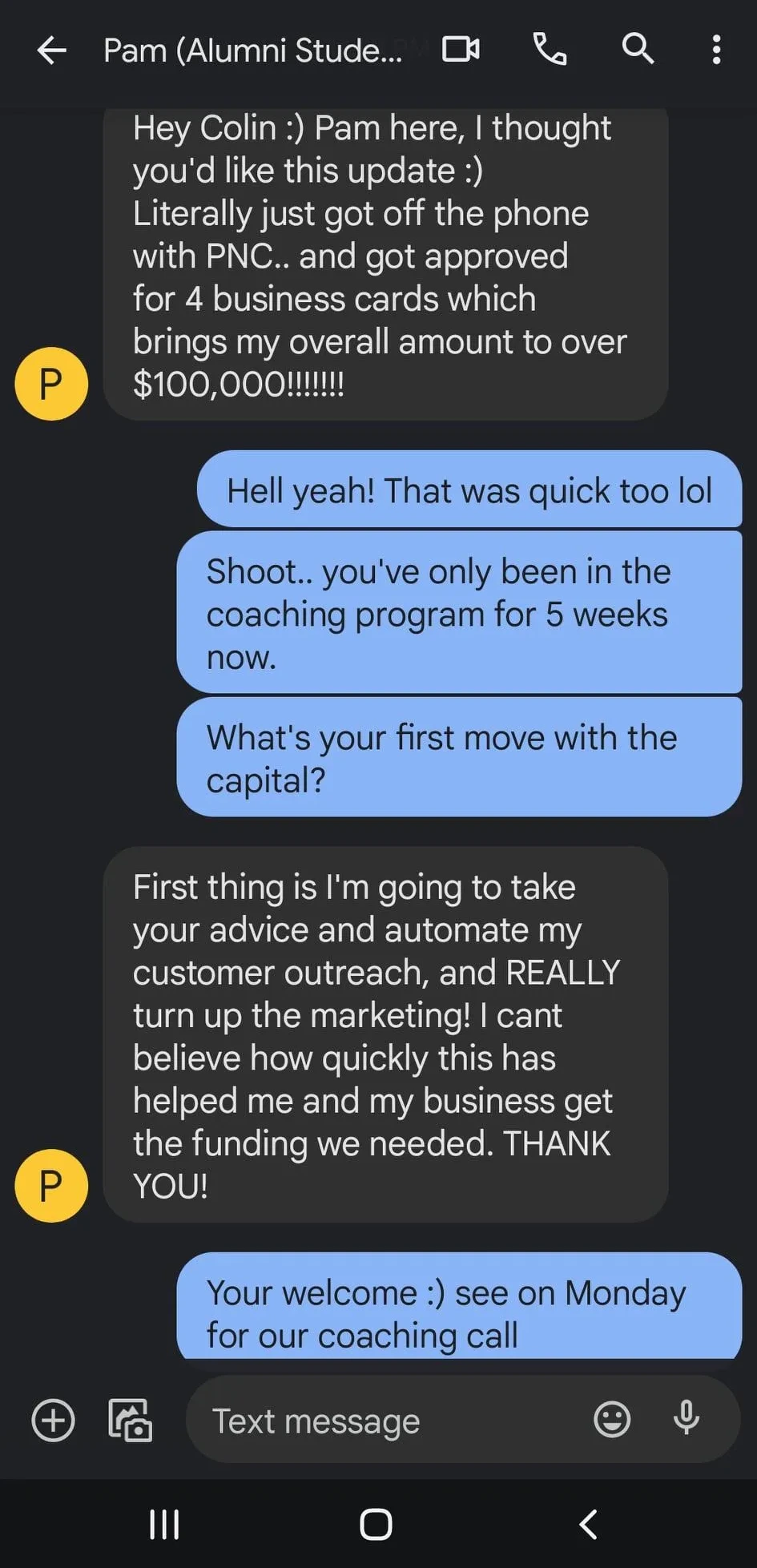 Pam — $100,000+ funded in 5 weeks, 4 business cards including PNC
